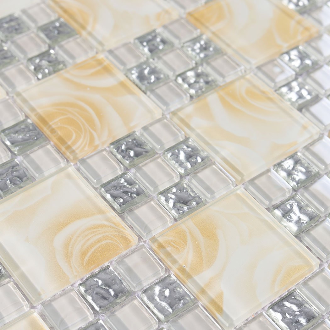 Closeup of glossy cream rose square glass mosaic with silver textured accents