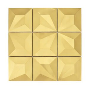 Front view of gold 3D pyramid square metal mosaic tile sheet