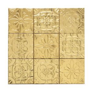 Full sheet photo of gold embossed floral square metal mosaic tile
