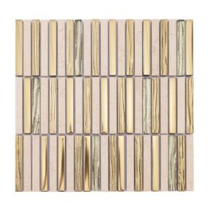 Full sheet of gold glass and beige marble linear mosaic tile