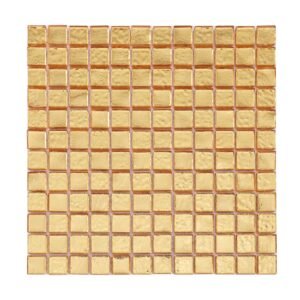 Front view of gold glass mosaic tile sheet with square pattern.