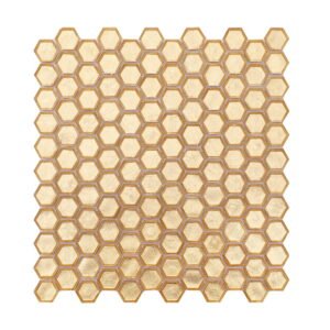Top view of gold hexagon glass mosaic tile sheet with glossy surface