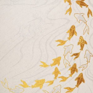Gold koi fish handmade mosaic mural with white glass wave background
