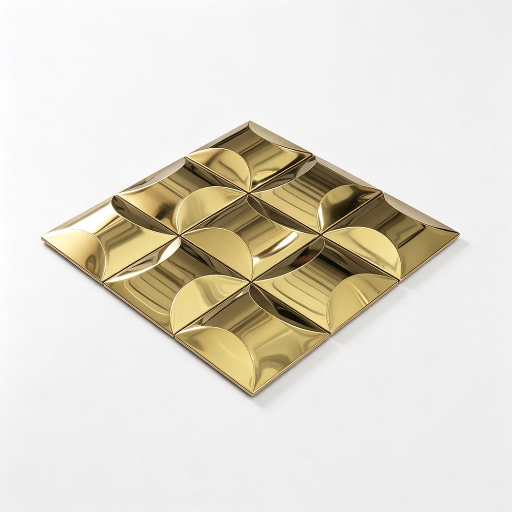 Angled view of gold metal tiles for a mosaic tile feature wall