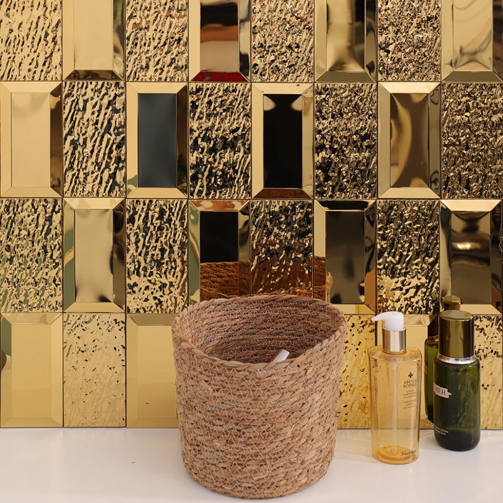 Mosaico de acero inoxidable – dorado, rectangular, efecto espejo