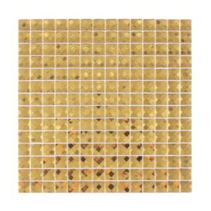 Full sheet of gold square faceted glass mosaic tile on a white background.