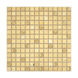 Full sheet view of gold square metal mosaic tile with mixed brushed and embossed pieces