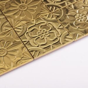 Mosaico metálico – dorado, cuadrado, floral, en relieve