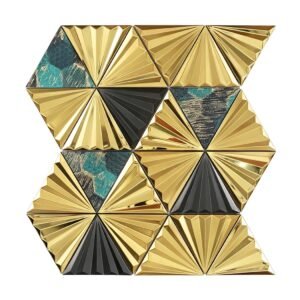 Front view of gold stainless steel and teal glass 3D fan triangle mosaic tile