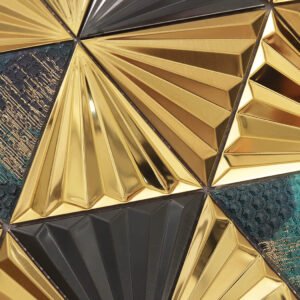 Mosaïque en verre et métal – bleu canard / doré, triangulaire, 3D