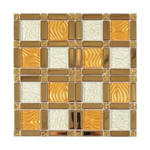 Front view of gold and white square mosaic tile sheet on white background