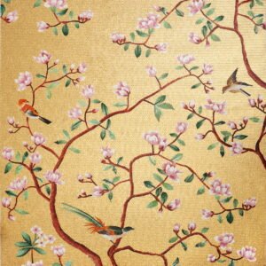 Full golden flower bird handmade mosaic wall mural artwork.