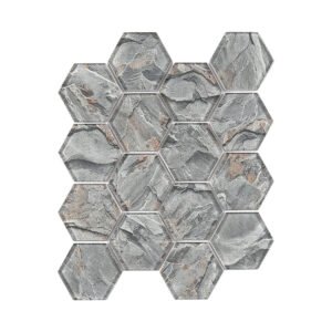 Graphite gray stone look hexagon glass mosaic sheet with rust veining accents
