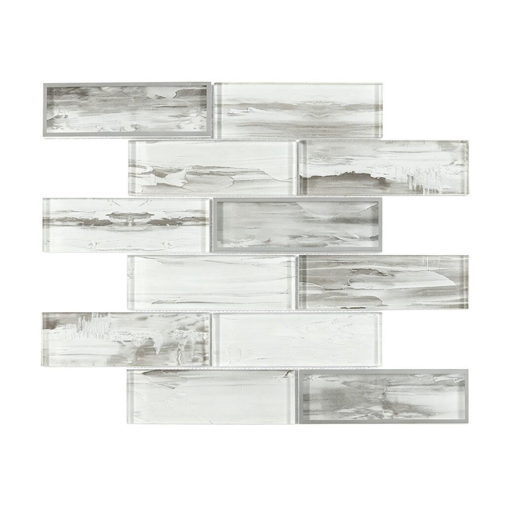 Mosaïque en verre – blanc / gris, format métro, pour crédence — BJ-CED5B0B8F069