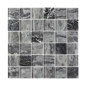 Front view of gray black square glass mosaic with glossy frosted and stone look chips