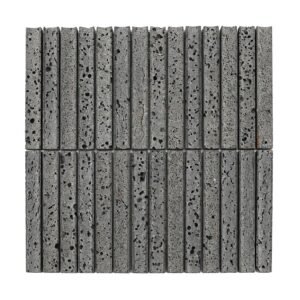 Full sheet of gray lava stone linear mosaic tile with porous rectangular strips