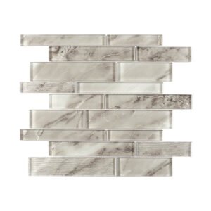 Front view of gray marble look linear glass mosaic tile sheet on white background