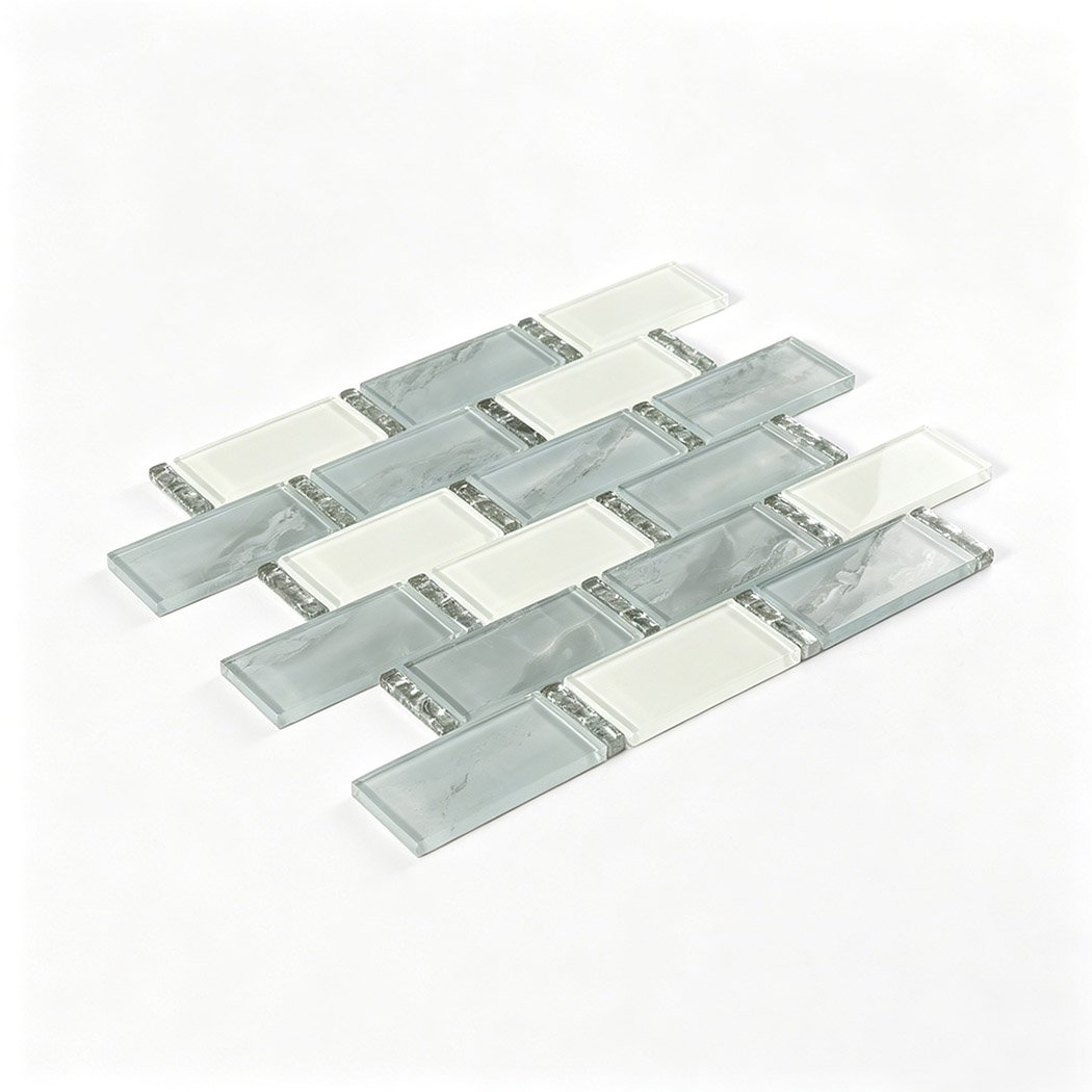 Angled sheet view of gray and white glass subway mosaic tiles