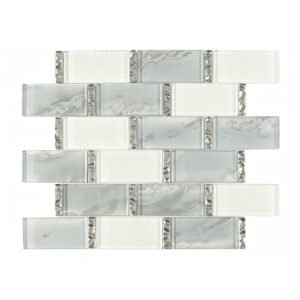 Front view of gray and white glass subway mosaic in staggered brick layout