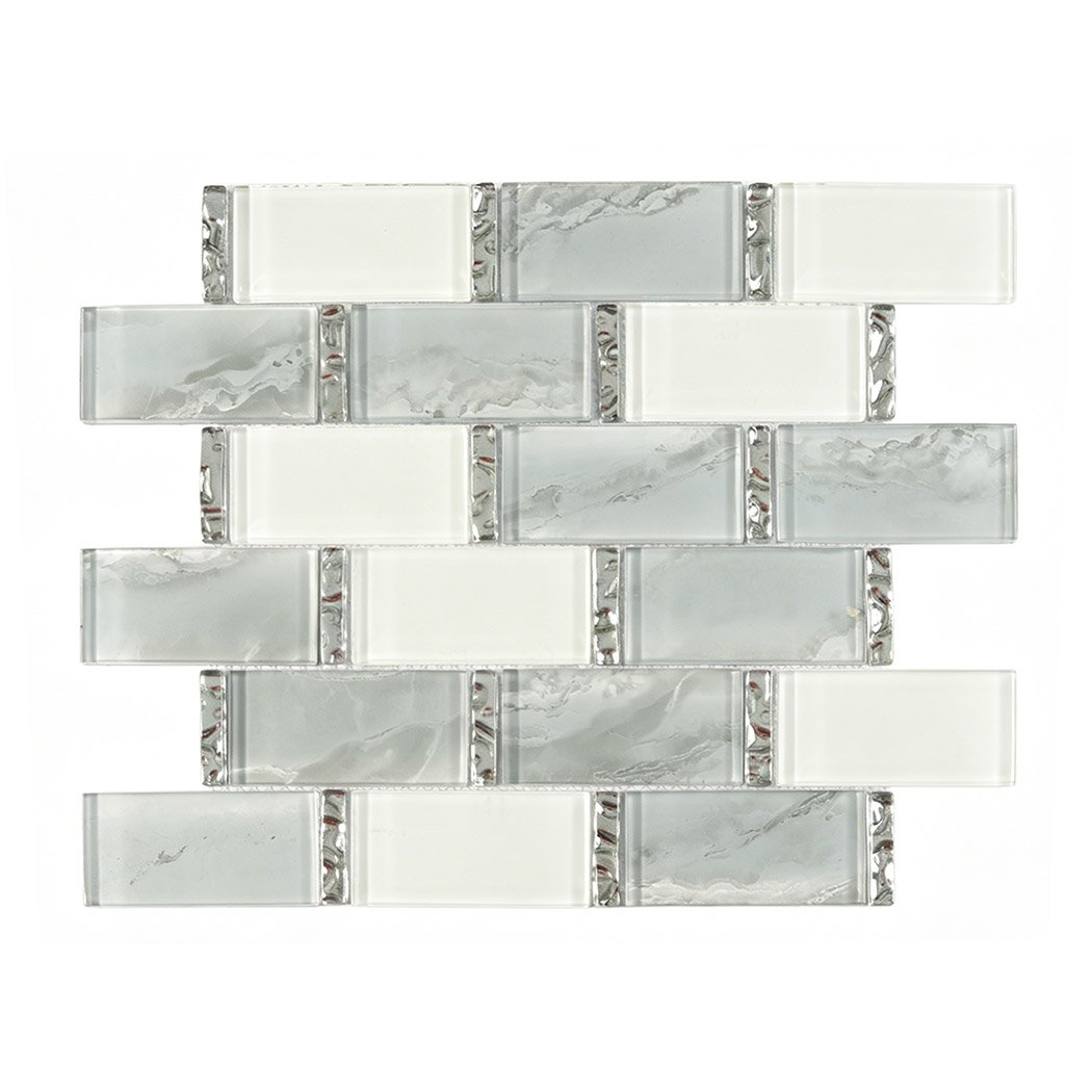 Front view of gray and white glass subway mosaic in staggered brick layout