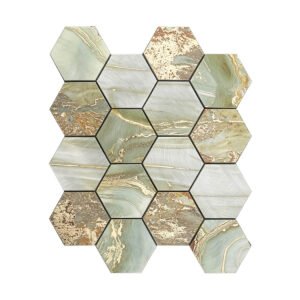 Flat top view of green aluminum gold hex peel and stick mosaic