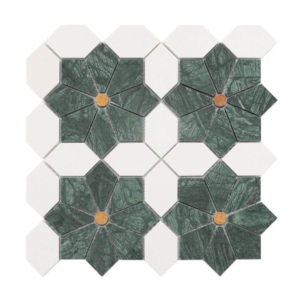 Mosaïque en marbre – blanc / vert, octogonal, motif floral
