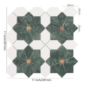 Mosaïque en marbre – blanc / vert, octogonal, motif floral