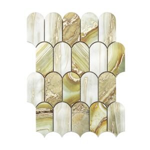 Full sheet display of green gold curved dome aluminum wall tile