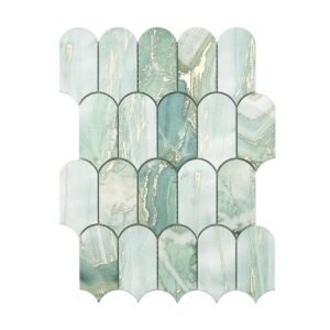 Front view of green gold fish scale aluminum wall tile sheet