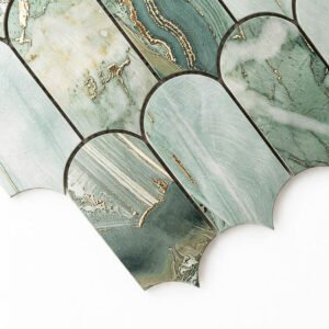 Piastrelle a mosaico in alluminio – verde / dorato, a squame di pesce, per paraschizzi