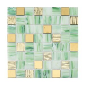 Full view of green mosaic tile sheet with glossy and gold textured finish