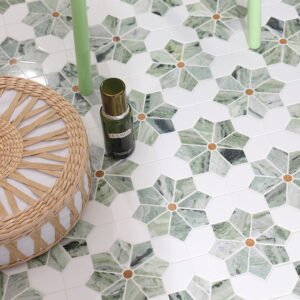 Marmormosaikfliesen – Weiß / Grün, Blumenmuster, poliert