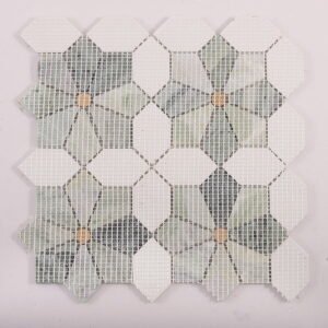 Marmormosaikfliesen – Weiß / Grün, Blumenmuster, poliert