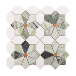 Green gradient floral marble mosaic tile sheet with gold center for wall and floor design