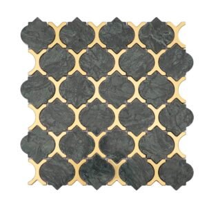 Glossy green marble mosaic with gold stainless arabesque design