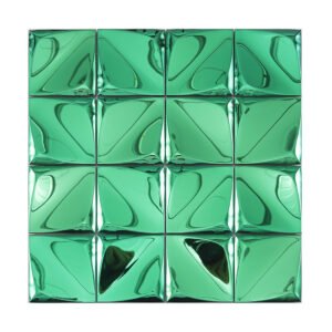 A square green metal wall tile mosaic featuring a 3D geometric pattern and reflective finish.