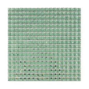 Front view of a full sheet of reflective green square mirror glass mosaic tiles.