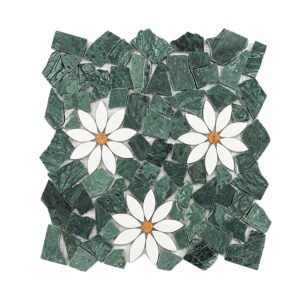 Green irregular marble mosaic tile with three white flower designs