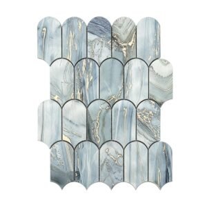 Front view of grey blue gold fish scale aluminum wall tile sheet