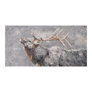 A full view of a grey marble mosaic mural depicting a stag with detailed antlers.
