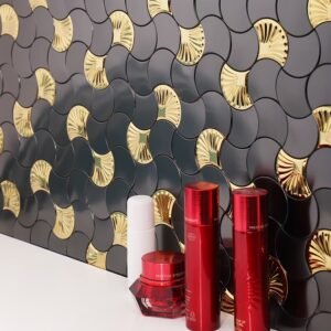 Mosaikfliesen aus Edelstahl – Schwarz / Goldfarben, Fächerform, für Wände
