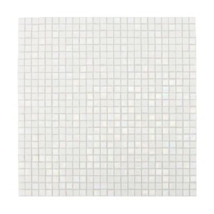 Full sheet of iridescent white mini square glass mosaic tiles laid flat
