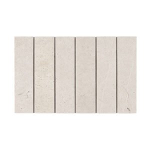 Ivory vertical travertine strip mosaic with subtle pores and natural markings