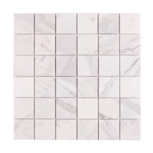 Front view of Jazz White natural marble square mosaic tile sheet.