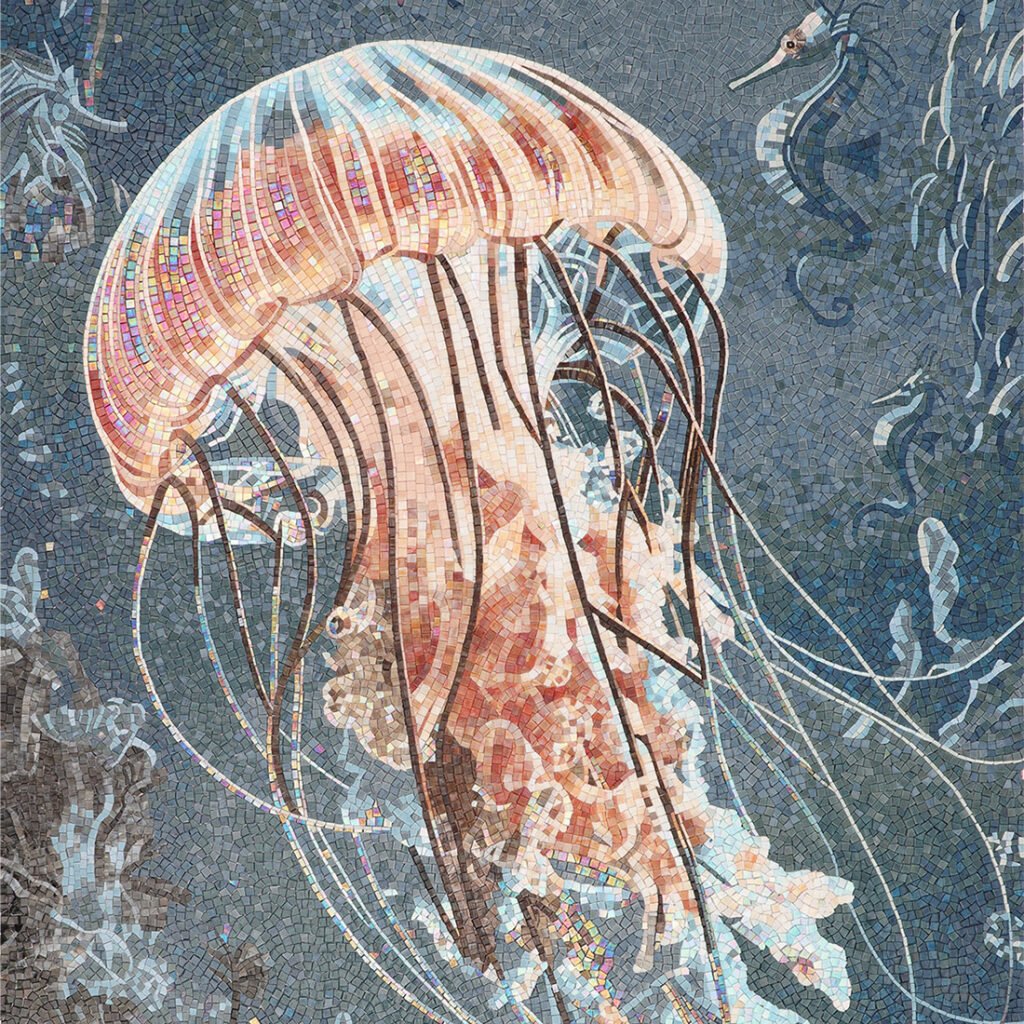 Deep Sea Jellyfish realizzato a mano vetro mosaico Muro – Ocean arte murale per gli spazi viventi