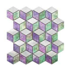 Lavender mint green and brushed silver aluminum mosaic tile in a hexagon pattern