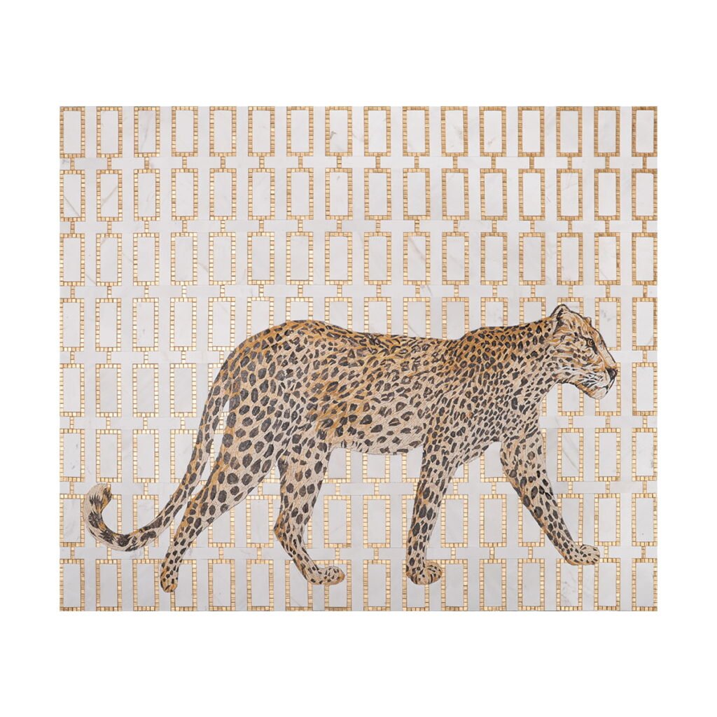 Handgjord mosaikväggkonst med leopardmotiv i glas och marmor