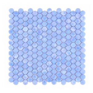 Light blue iridescent round glass mosaic tile sheet on a white background