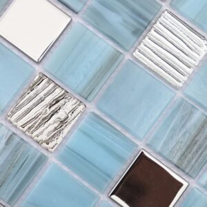 Piastrelle a mosaico in vetro – azzurro chiaro / blu / argentato, quadrato, per pavimenti