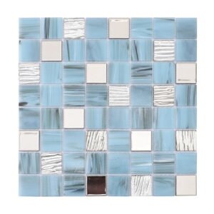 Full view of light blue mosaic tile sheet with glossy and silver textured finish